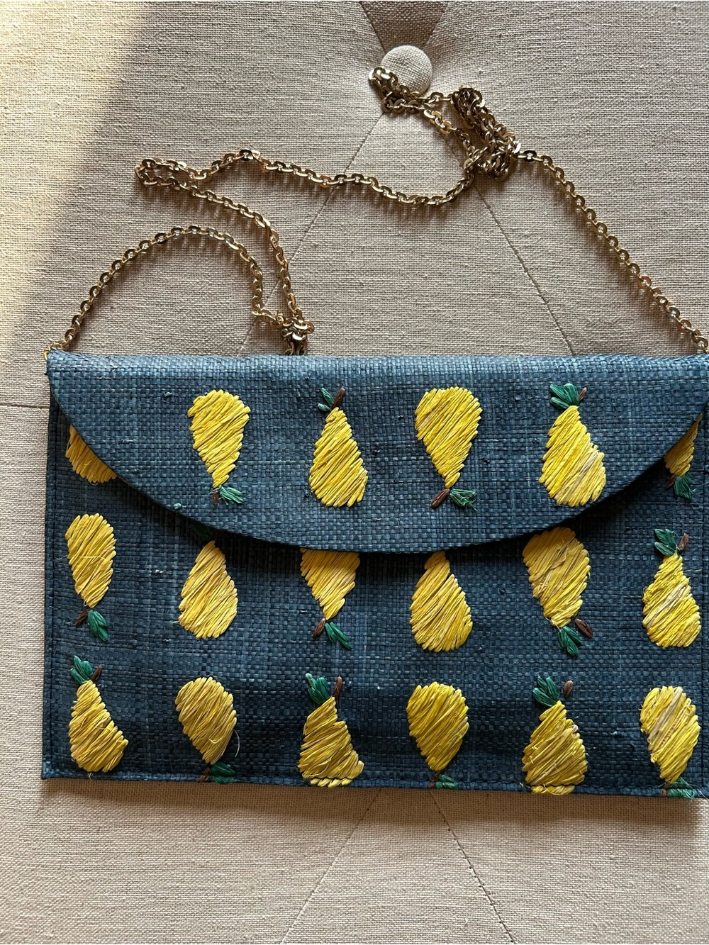 Embroidered Pear Pattern Blue Clutch with Gold Chain